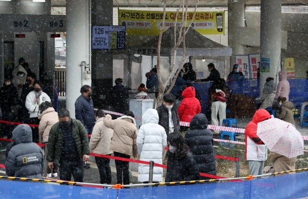 광주 서구보건소 선별진료소에서 신종 코로나바이러스 감염증(코로나19) 검사를 받으려는 시민들이 내리는 눈을 맞으며 줄 서 있다. /사진=연합뉴스