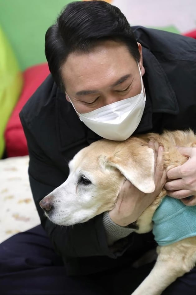 '이런 모습 처음이야' 윤석열 시각장애인 안내견 만나 함박웃음