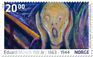 뭉크 탄생 150주년을 기념하는 노르웨이 우표 