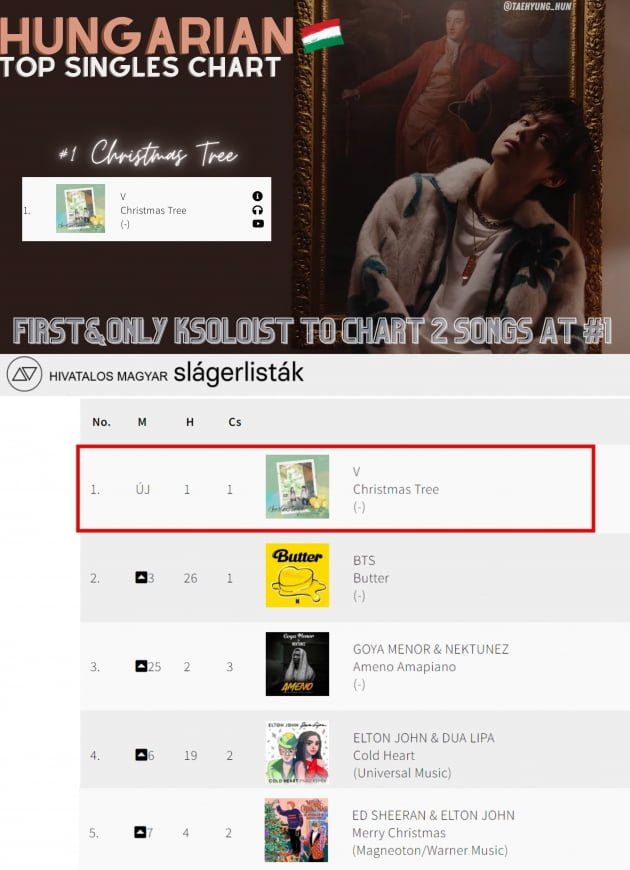 방탄소년단 뷔, ‘Christmas Tree’ 헝가리 '싱글 톱 40' 1위...K팝솔로 최초 2곡 1위