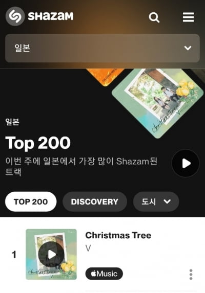 방탄소년단 뷔, 'Christmas Tree' 샤잠재팬 22일 1위..日차트 석권