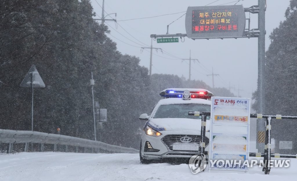 '대설특보' 제주 산지 많은 눈…산간도로 일부 통제