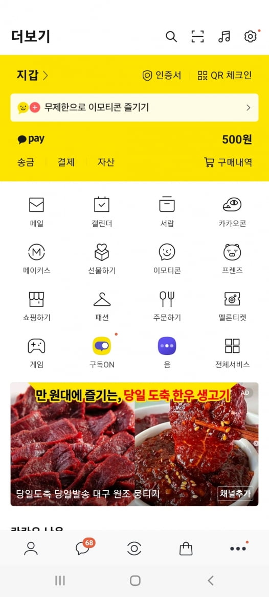 카카오톡의 '더보기' 메뉴 예시. 잔고는...