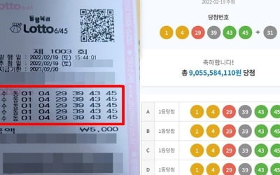 90억 잭팟 터졌나…1등 번호 5개 맞은 로또 인증샷 '화제'