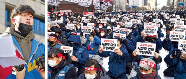 민주노총 전국택배노동조합(택배노조)이 서울 서소문동 CJ대한통운 본사를 점거한 지 12일이 흘렀지만, 사태 해결 기미는 보이지 않고 있다. 김슬기 비노조택배기사연합 대표(왼쪽)는 21일 CJ대한통운 본사 앞에서 기자회견을 열어 “택배노조의 불법 파업을 엄단하라”고 촉구했다. 택배노조는 서울 청계광장에서 대규모 집회를 열어 파업 지속 의지를 내비쳤다.   신경훈  기자 