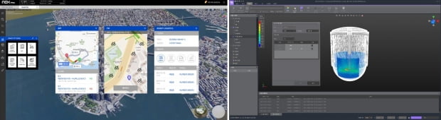 이에이트의 디지털 트윈 플랫폼 NDX PRO(왼쪽)와 입자기반 시뮬레이션 소프트웨어 NFLOW SPH 구동 화면. 이에이트 제공