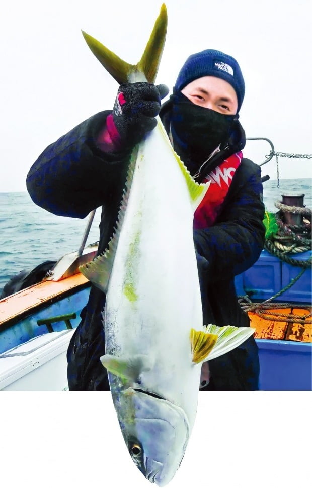 바다낚시 경험이 거의 없는 박상용 기자가 길이 79㎝짜리 부시리를 잡은 뒤 들어 보이고 있다. /신경훈 기자 