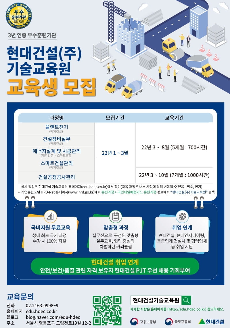 현대건설 기술교육원, 2022년 상반기 교육생 모집