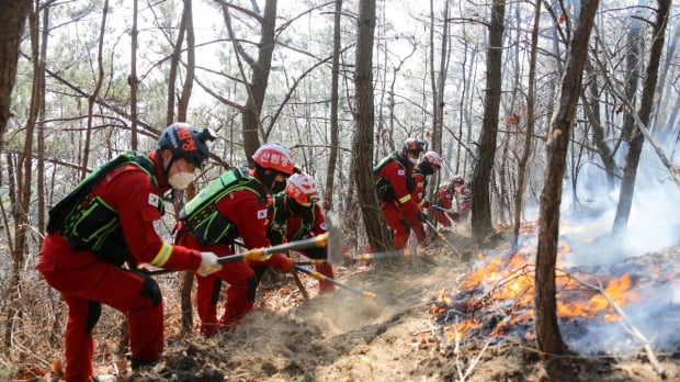 17일 경북 영덕군 영덕읍 산불 현장에서 산림청 공중진화대가 진화 작업을 하고 있다. 사진=연합뉴스