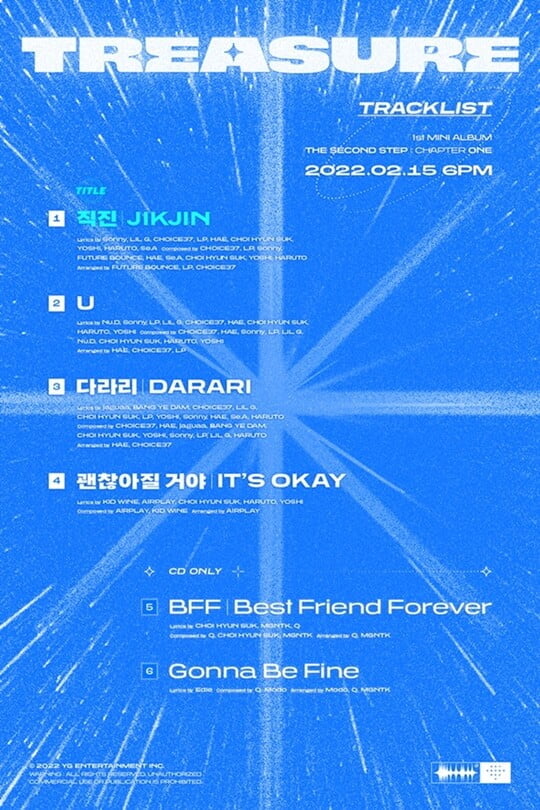 YG 트레저, 새 앨범 트랙리스트 공개…타이틀곡 '직진' 포함 총 6곡