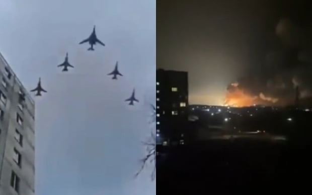 우크라니아 상공에 나타난 러시아 전투기들(왼쪽). 습격당해 폭발하고 있는 탄약고 모습/사진=유튜브, 트위터