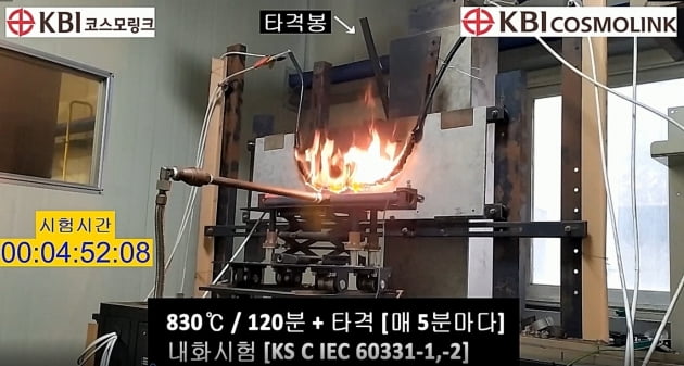 KBI코스모링크가 국내  소방용 내화전선의 요구성능기준인 830℃에서 120분 동안 5분마다 타격을 가해 성능을 유지하는지 시험하고 있다. 업체 제공