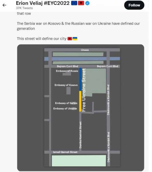 <러시아 대사관 소재 거리를 '자유 우크라이나 거리'로 바꾸기로 했다는 알바니아 수도 티라나 시장의 트윗>