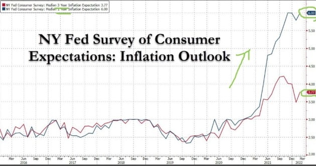 갑자기 급등한 미국 소비자들의 기대 인플레이션. 뉴욕연방은행 제공

