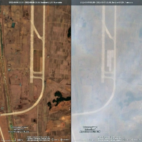 북한 평양비행장 북쪽 활주로에 이동식 미사일 발사대(TEL) 차량 설치 때 사용하는 '콘크리트 지지대'가 증설됐다. 사진은 지구관측위성 '센티널-2A'가 지난 6일(왼쪽)과 11일 각각 촬영한 순안공항 북쪽 활주로 일대 위성사진./ 뉴스1