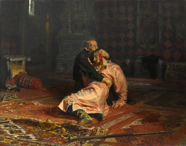 Ivan, o Terrível, chora depois de matar seu filho.  Uma obra-prima do pintor russo Ilya Repin.