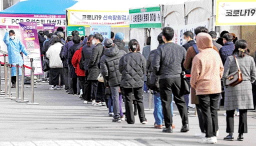 21일 서울 중구 서울역광장에 마련된 신종 코로나바이러스 감염증(코로나19) 임시선별검사소에서 시민들이 검사를 위해 줄 서 있다. 사진=뉴스1