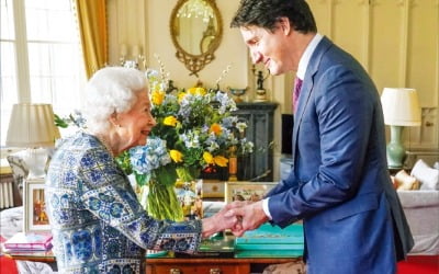 [포토] 英여왕, 캐나다 총리 접견…배경엔 우크라 국기색 꽃 