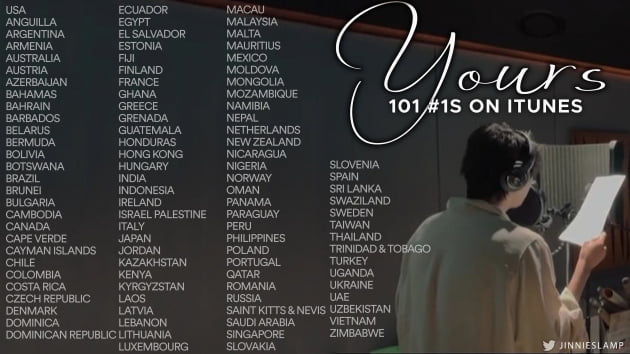 방탄소년단 진 'Yours' 아이튠즈 101개국 1위 등극 ‘글로벌 인기ing’  
