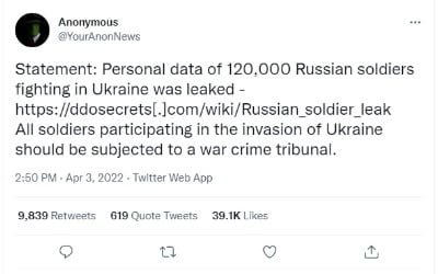 어나니머스 "우크라서 싸우는 러시아군 12만명 개인정보 유출"