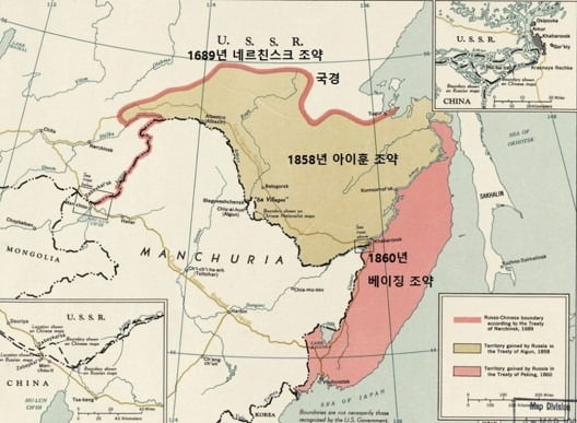 러시아가 아이훈조약과 베이징조약으로 얻은 중국 영토. /사진=위키피디아
