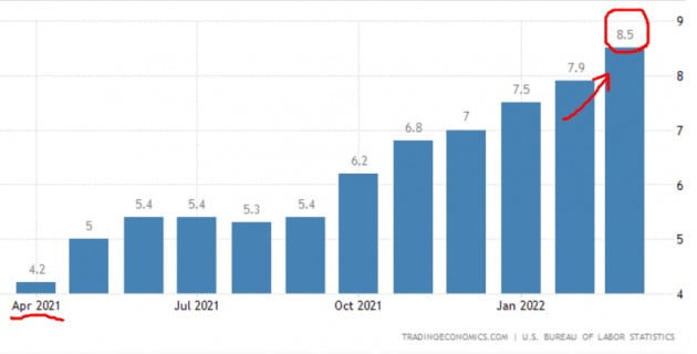 미국의 지난달 소비자물가지수는 작년 동기 대비 8.5% 급등했다. 미 노동부 및 트레이딩이코노믹스 제공
