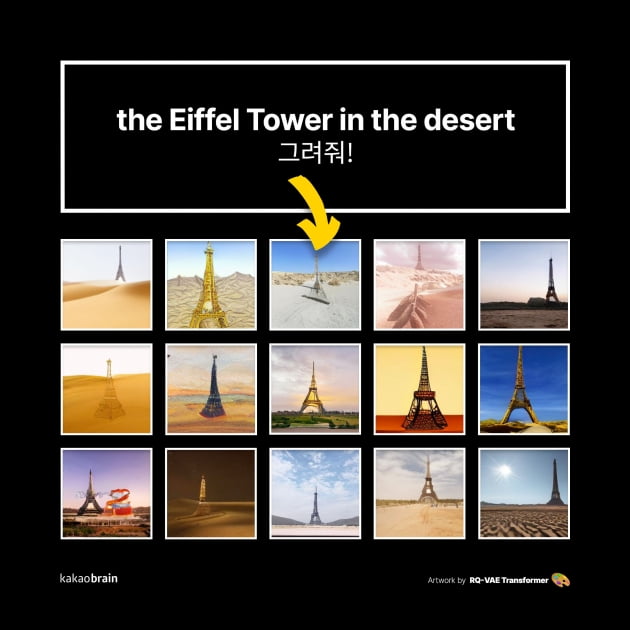 ‘사막에 있는 에펠탑(the Eiffel Tower in the desert)’이라는 텍스트 조건에 의해 생성된 샘플 이미지. 카카오브레인 제공