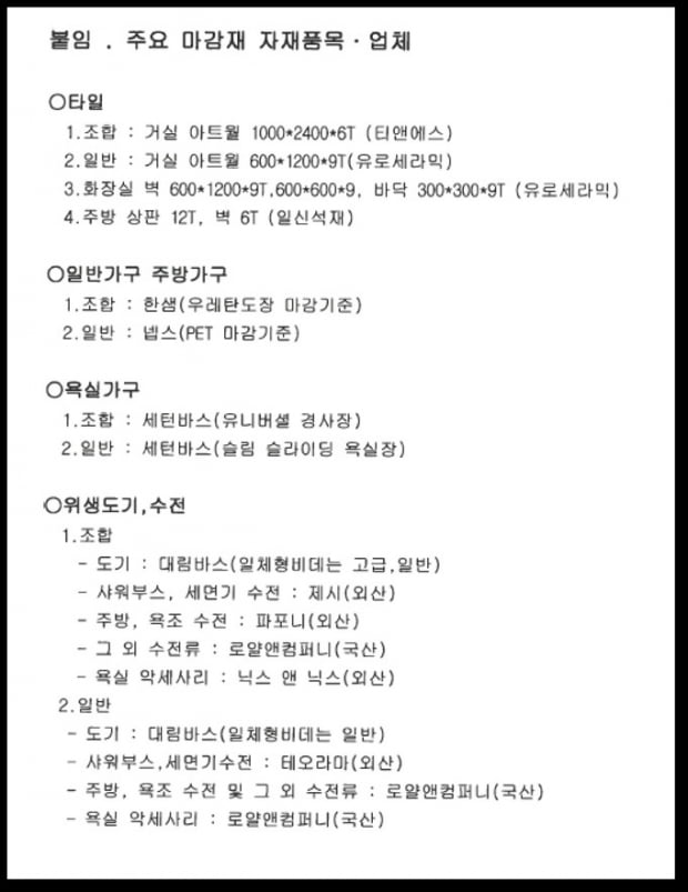 둔촌주공 재건축 조합이 발송했다며 시공사업단이 공개한 마감재 품목·업체 명단. 사진=시공사업단