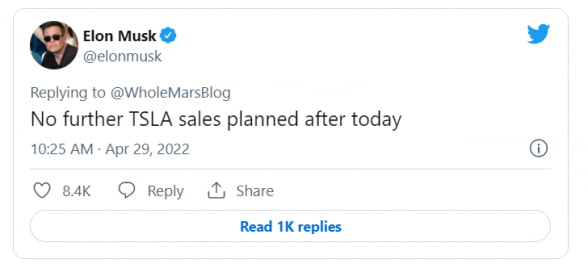 테슬라 주식을  이날(현지시간 28일) 이후 추가 매각할 계획이 없다는 일론 머스크 테슬라 최고경영자(CEO)의 트윗