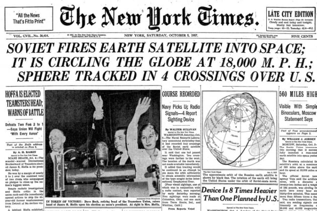 소비에트 연방의 스푸트니크 1호의 발사 성공 기사 / The front page of The New York Times on Oct. 5, 1957