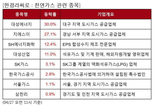 대성에너지,지에스이,SH에너지화학,대성산업,SK가스,한국가스공사,서울가스,삼천리