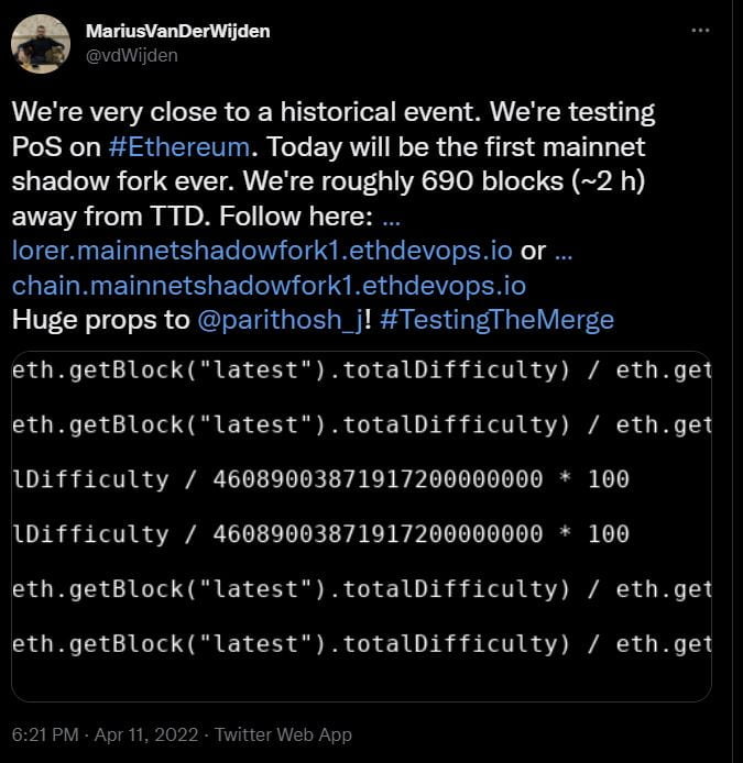 이더리움(ETH) 개발자 "오늘 메인넷서 최초 섀도우 포크 진행할 것"