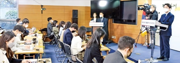 안철수 대통령직인수위원회 위원장(오른쪽)이 7일 서울 종로구 통의동 공동기자회견장에서 정부 조직 개편 관련 브리핑을 하고 있다.   /김범준 기자 