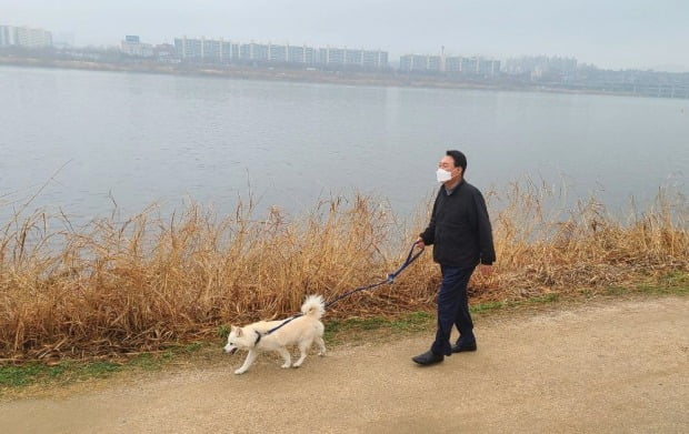 윤석열 대통령 당선인이 한강공원에서 반려견 토리와 함께 산책하고 있다. /사진=연합뉴스