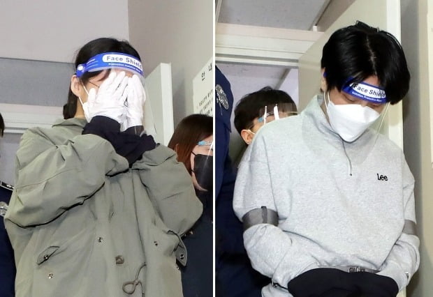  '계곡살인' 사건의 피의자 이은해(31·왼쪽)·조현수(30) 씨가 19일 오후 구속 전 피의자 심문(영장실질심사)을 받기 위해 인천시 미추홀구 인천지방법원으로 들어서고 있다. /사진=연합뉴스