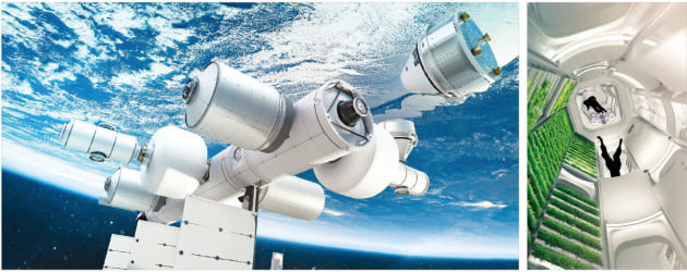2029년께 문을 열 차세대 국제우주정거장(ISS) ‘오비탈 리프’에 우주선이 도킹하는 모습을 형상화한 그래픽(왼쪽 사진). 오비탈 리프 내 들어설 채소 재배 농장(오른쪽).  블루오리진 제공 