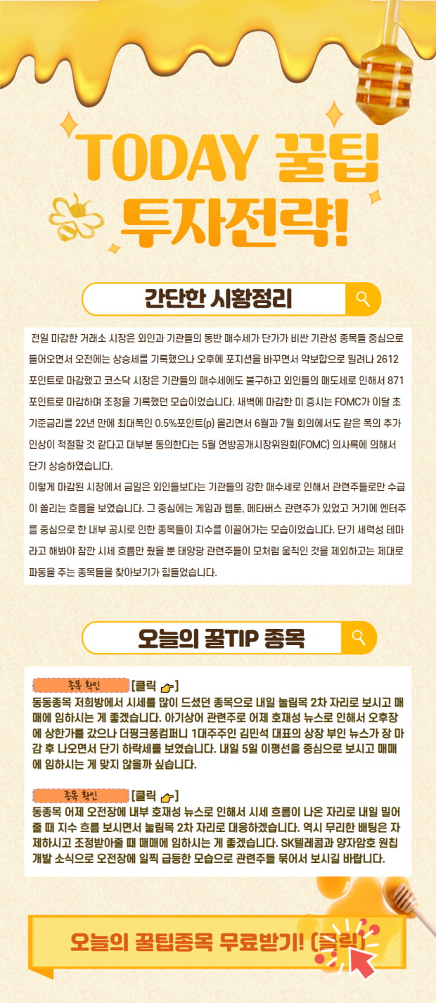 오늘의 '꿀' 투자전략! 시황정리와 함께 관심종목 잡기 (확인)