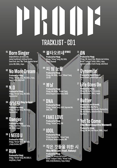 방탄소년단, 새 앨범 ‘Proof’ 첫 번째 CD 트랙리스트 공개…신곡 'Yet To Come' 포함 역대 타이틀곡 총망라