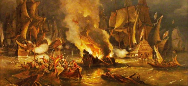 영국과 에스파냐가 맞붙은 1588년 칼레 해전. 이때 영국 지휘관도 드레이크였다. 영국의 해군 제독이자 화가인 리처드 비치(Richard Brydges Beechey)의 그림. 