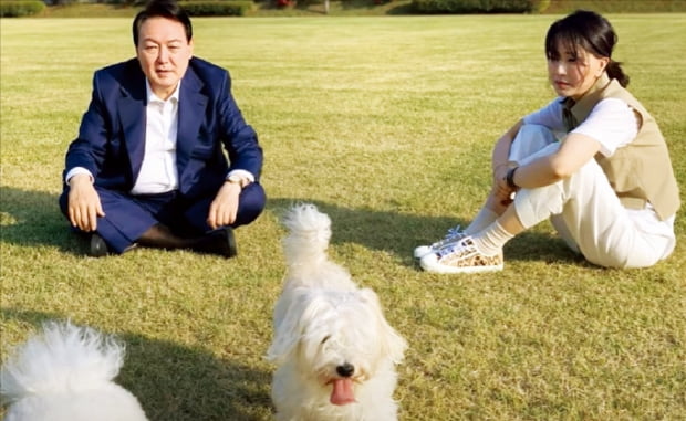 윤석열 대통령과 김건희 여사가 지난 28일 서울 용산 대통령실 앞 잔디광장에서 반려견들과 시간을 보내고 있다.   독자 제공 