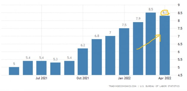 미국의 소비자물가는 지난 4월 8.3%(작년 동기 대비) 급등했다. 미 노동부 및 트레이딩이코노믹스 제공
