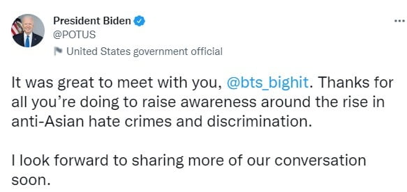 조 바이든 미국 대통령이 BTS와의 면담을 마친 뒤 올린 트위터. 그는 BTS의 선한 영향력에 감사를 표현했다. 바이든 트위터 캡쳐.