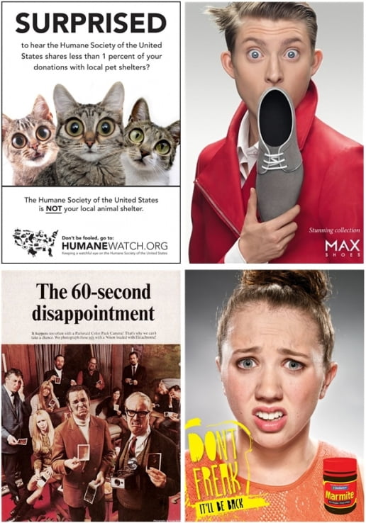 시계 바늘 방향으로 휴메인워치의 광고 ‘고양이’ 편(2010), 맥스 슈즈의 광고 ‘놀람’ 편(2013), 잡지 <매드>의 광고 ‘풍자’ 편(1969), 뉴질랜드 마마이트의 광고 ‘찡그린 얼굴’ 편(2012)