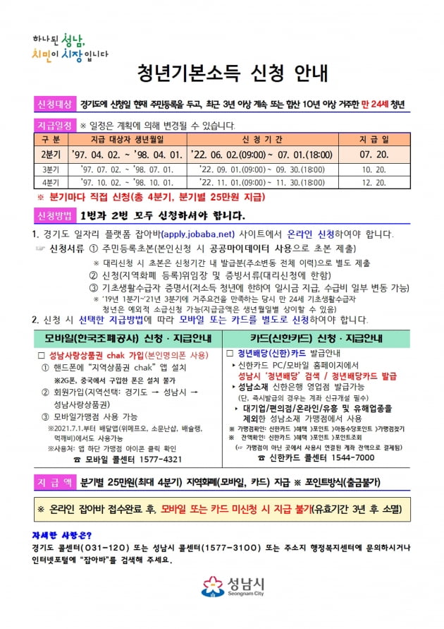 성남시, 오는 7월1일부터 '2분기 청년기본소득 지급 신청' 접수