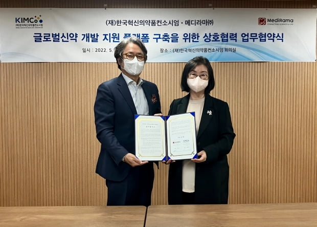 왼쪽부터 허경화 한국혁신의약품컨소시엄 대표와 문한림 메디라마 대표.