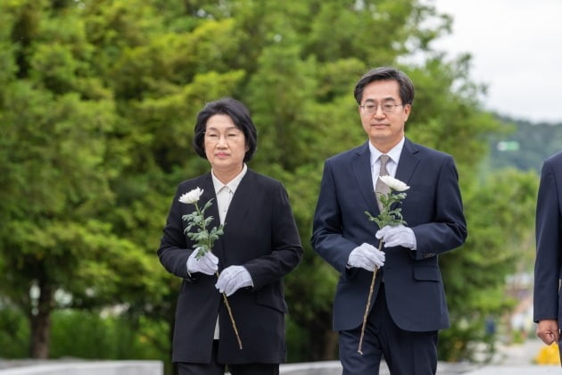 14일 김동연(사진 오른쪽) 경기도지사 당선인이 부인 정우영 여사와 경남 김해 봉화마을의 고 노무현 전 대통령 묘소를 찾아 참배하고 있다. 김동연 경기도지사 당선인 인수위제공