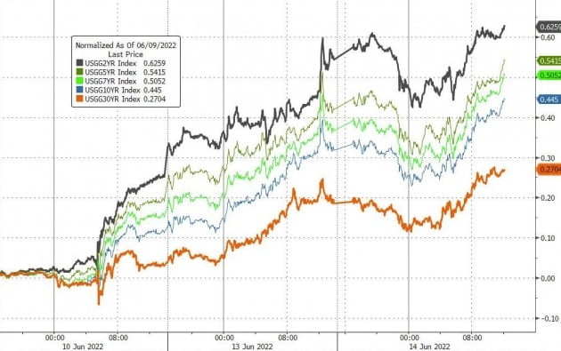 미국의 장단기 국채 금리는 지난 9일을 기점으로 급등세를 타고 있다. 큰 폭의 금리 인상 가능성이 커졌기 때문이다.
