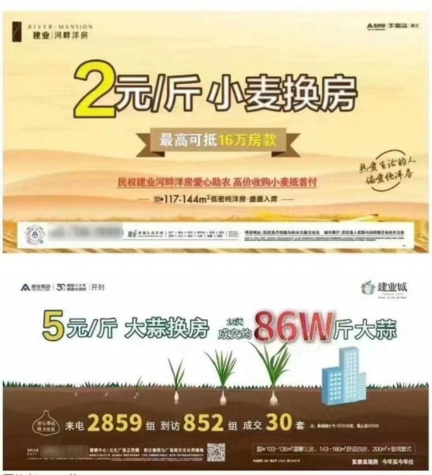밀(500그램 당 2위안), 마늘(500그램 당 5위안)로 계약금을 받는다는 중국 부동산개발업체 광고