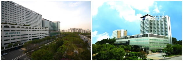 서울아산병원 전경(왼쪽)과 삼성서울병원 전경. 사진=각 사 제공