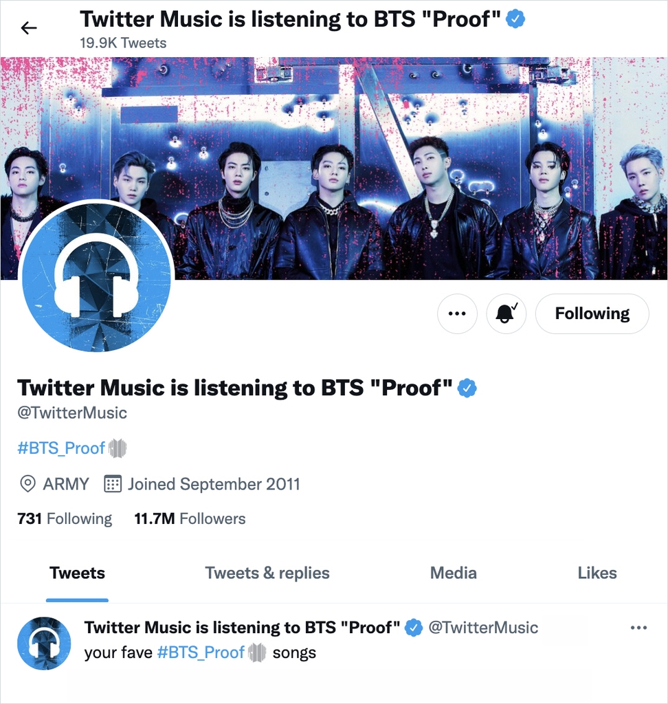 BTS 앨범 '프루프' 발매 1시간만에 트윗 300만, 하루 2천200만